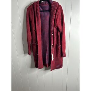 Crown & Ivy Women's Open Cardigan L Dolman Sleeves Red and Blue Geometric Retro